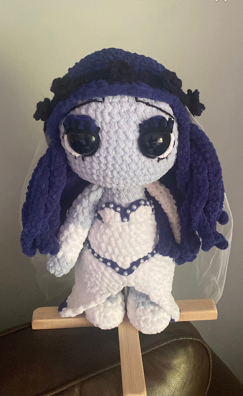 Crochet Emily soft doll with display stand