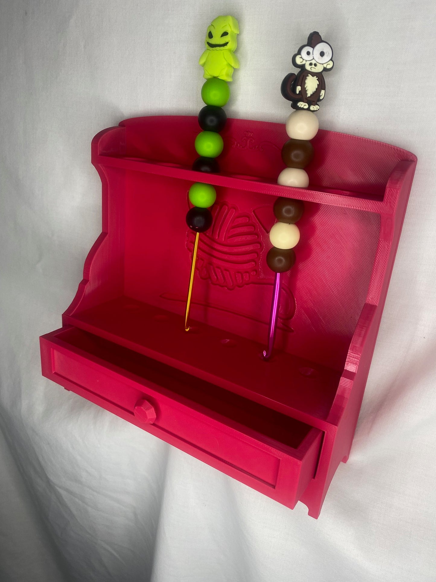 Branded crochet hook stand with draw storage