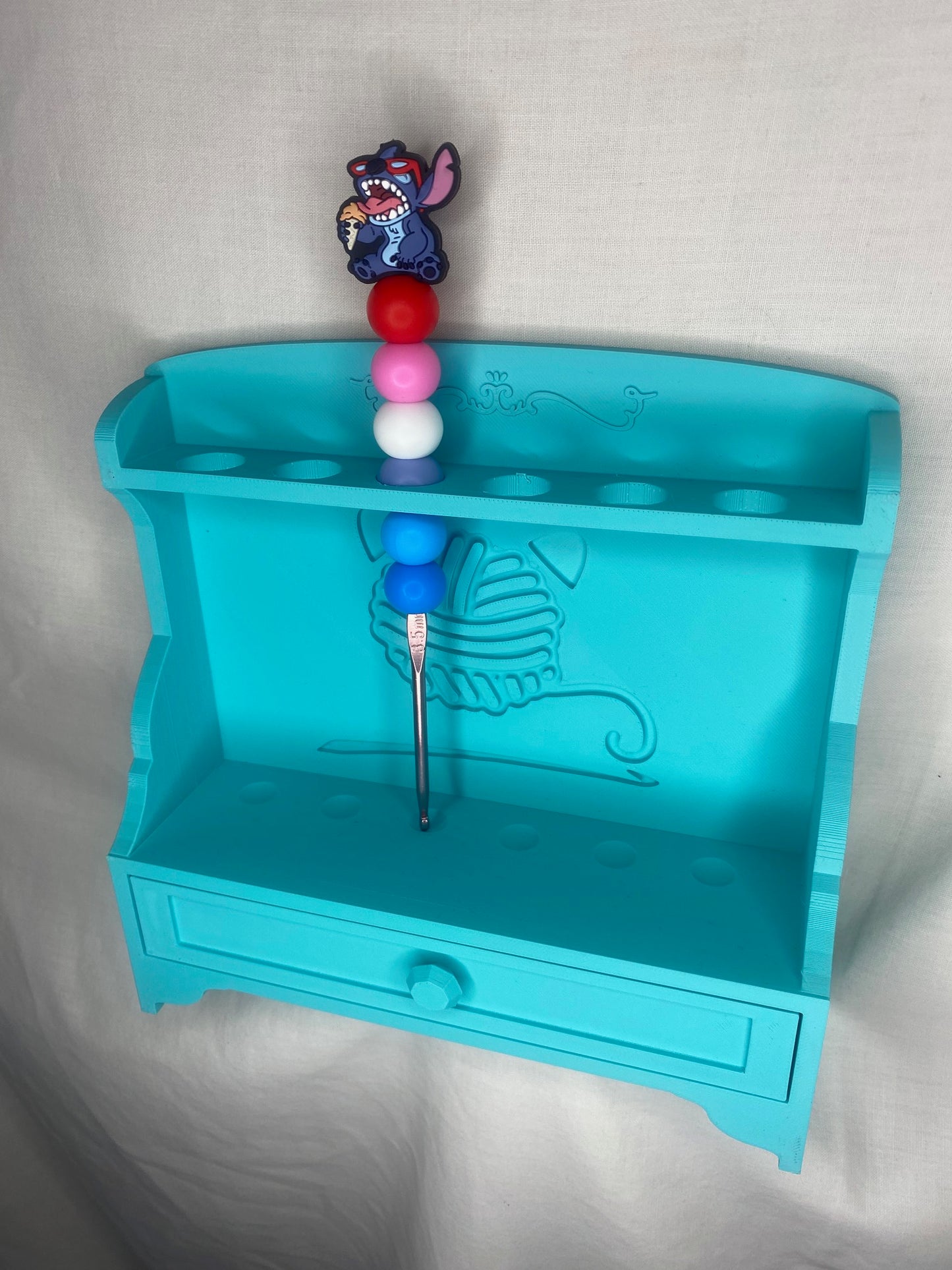 Branded crochet hook stand with draw storage